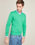 Green V-neck sweater