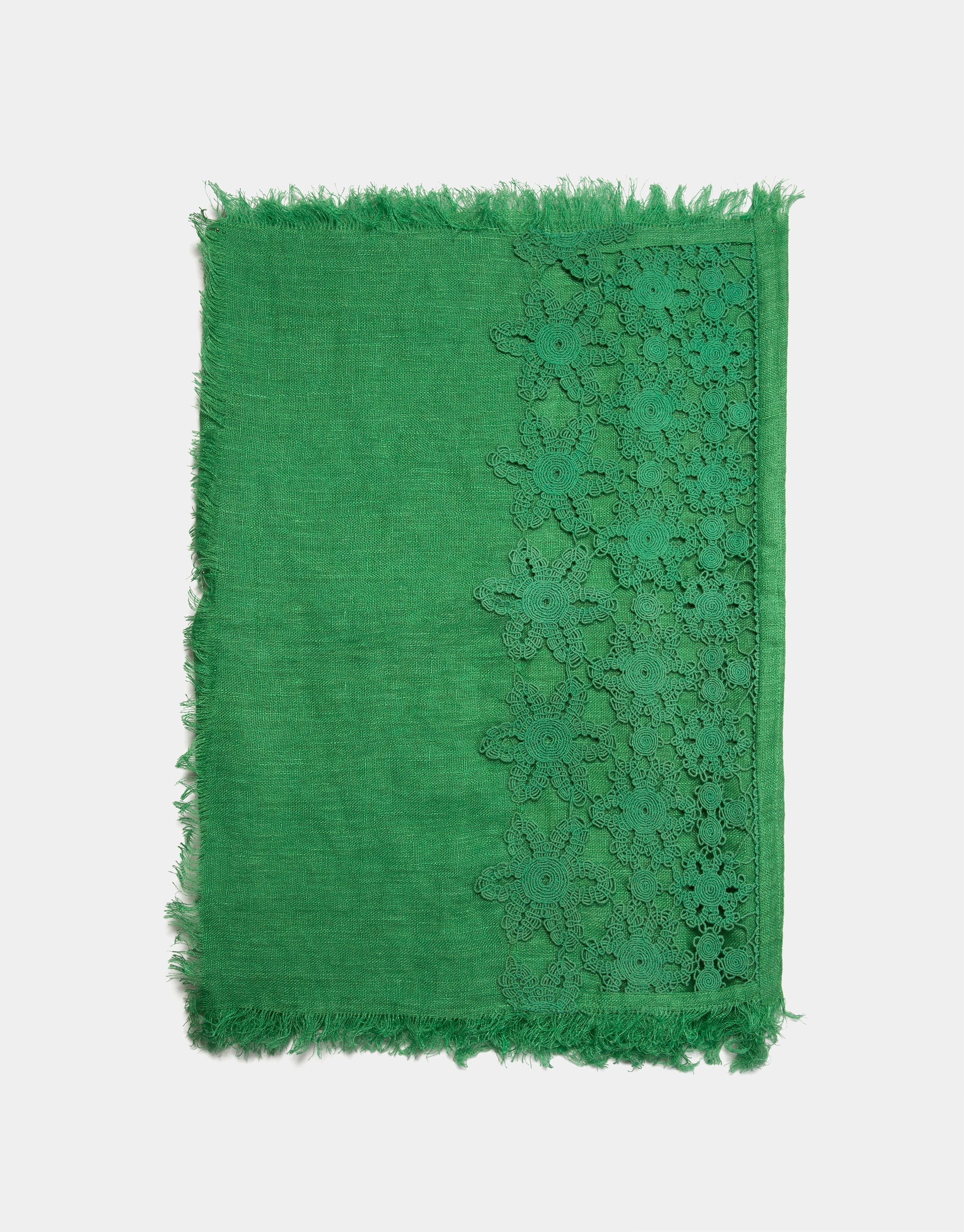 Green crocheted linen and lace scarf