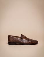 Brown herringbone embossed moccasins