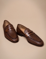 Brown herringbone embossed moccasins