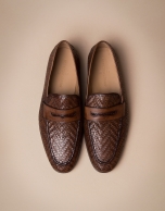 Brown herringbone embossed moccasins