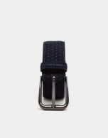 Navy blue leather belt with brown dots