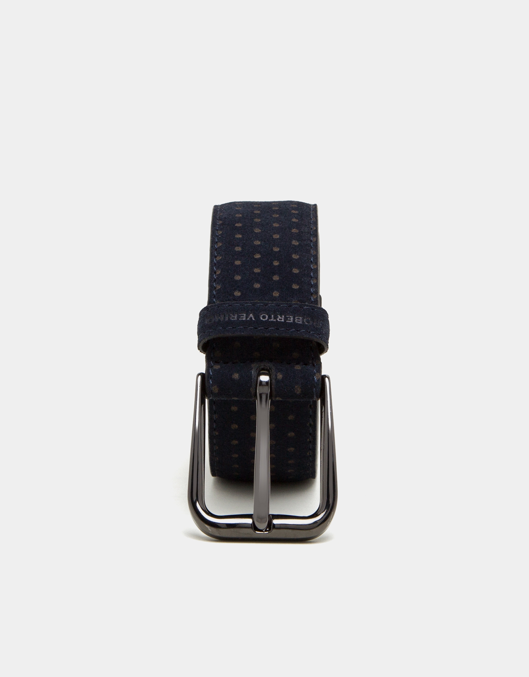 Navy blue leather belt with brown dots