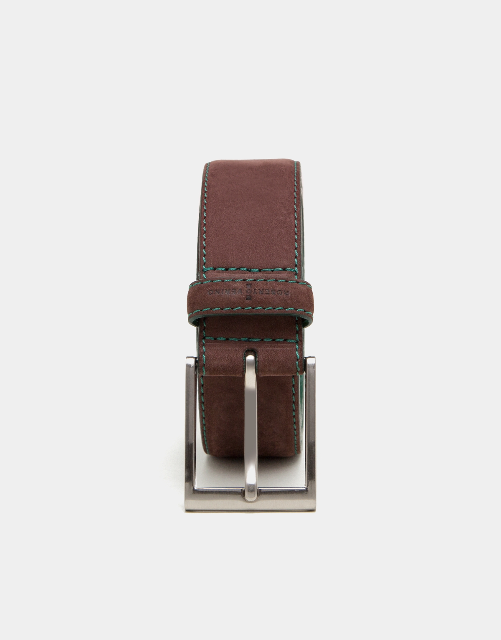 Brown suede belt with green backstitching