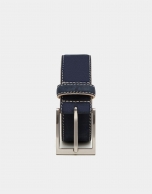 Navy blue suede belt with flax backstitching