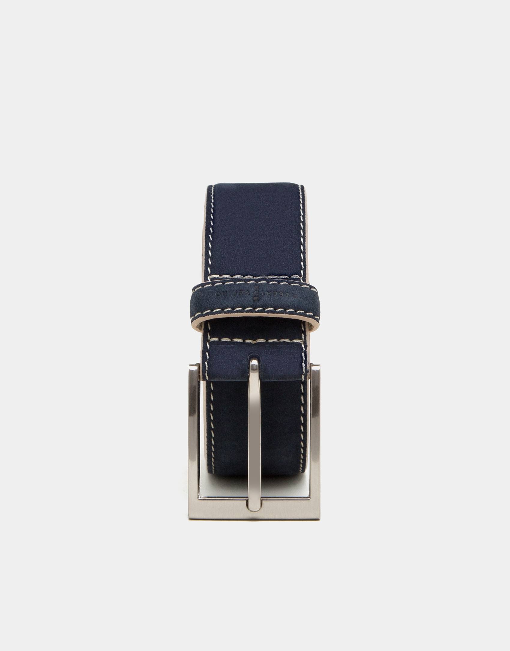 Navy blue suede belt with flax backstitching