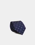 Dark blue silk tie with pink jacquard flowers