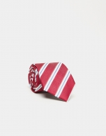 Red silk tie with white/blue stripes