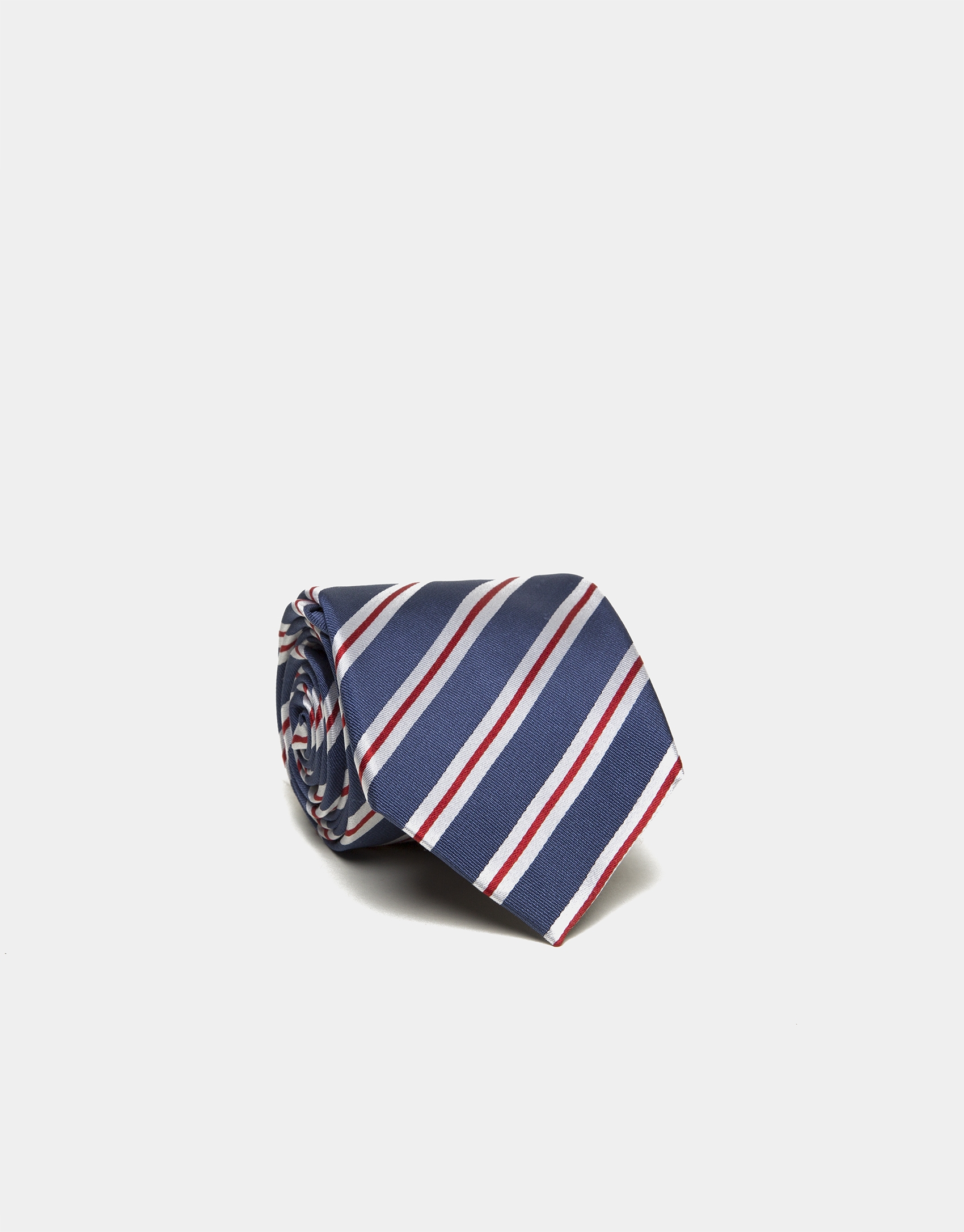 Blue silk tie with beige/red stripes