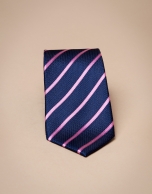 Blue silk tie with pink/beige stripes