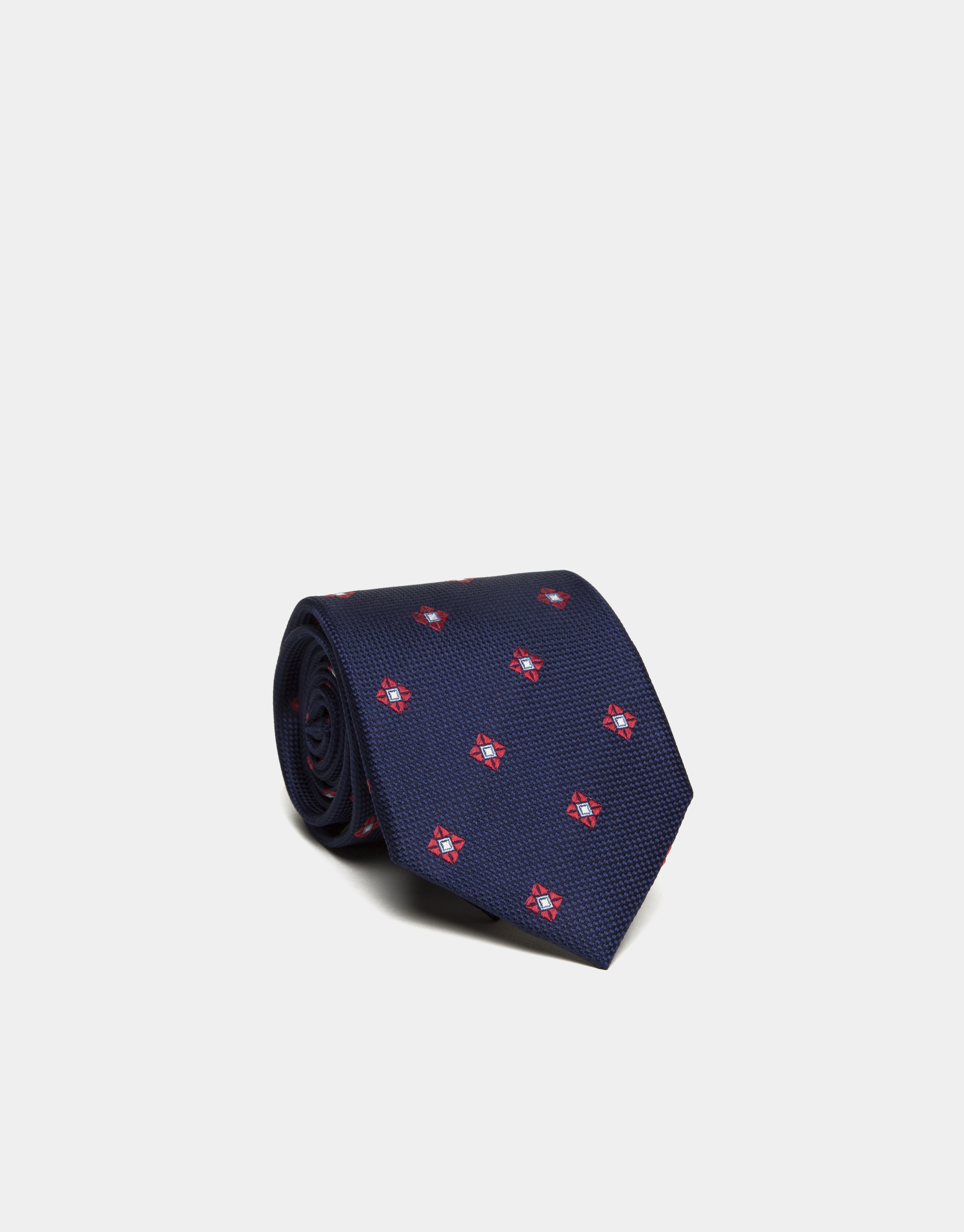 Navy blue silk tie with red/beige jacquard flowers