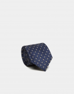 Blue silk tie with yellow jacquard flowers