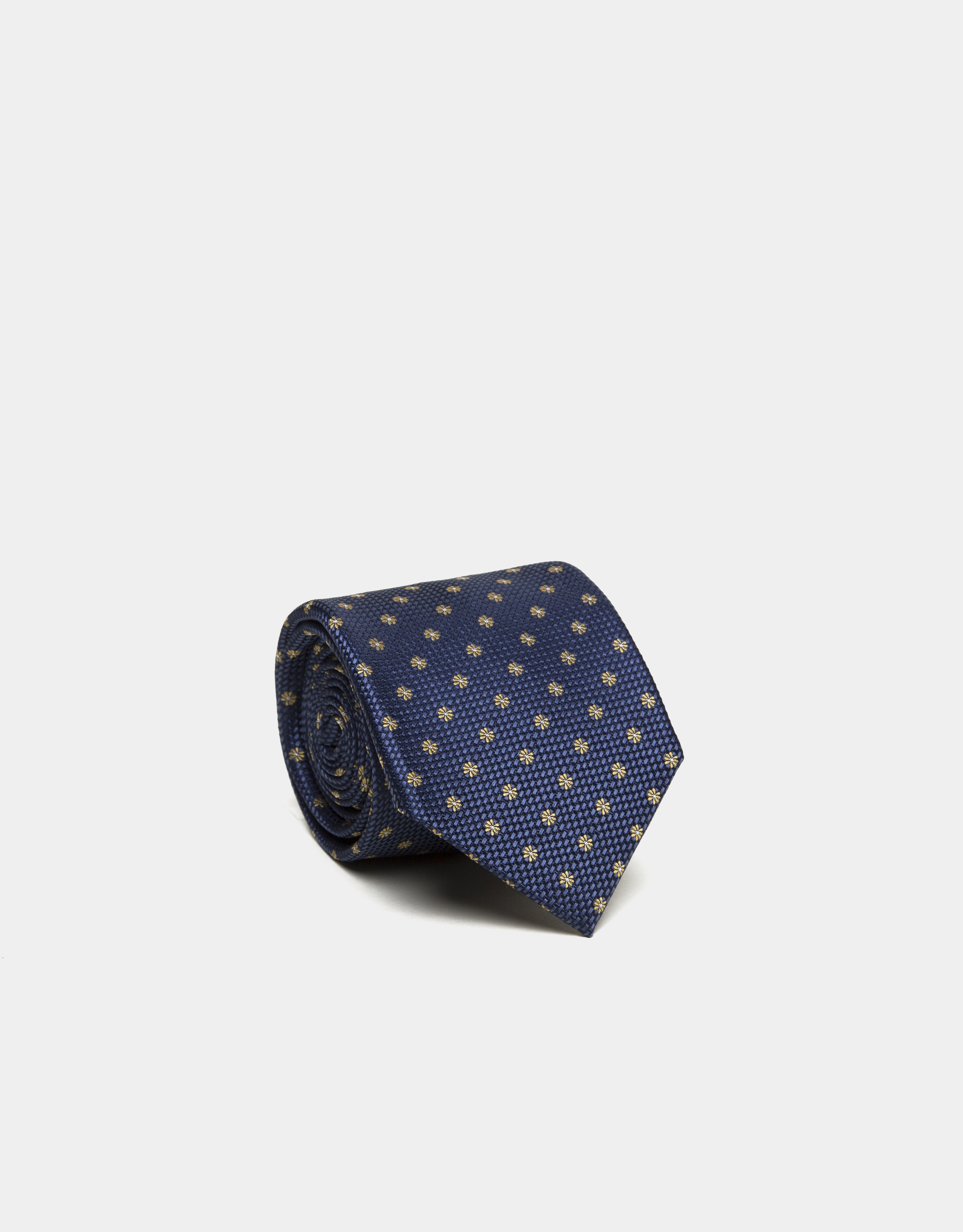 Blue silk tie with yellow jacquard flowers