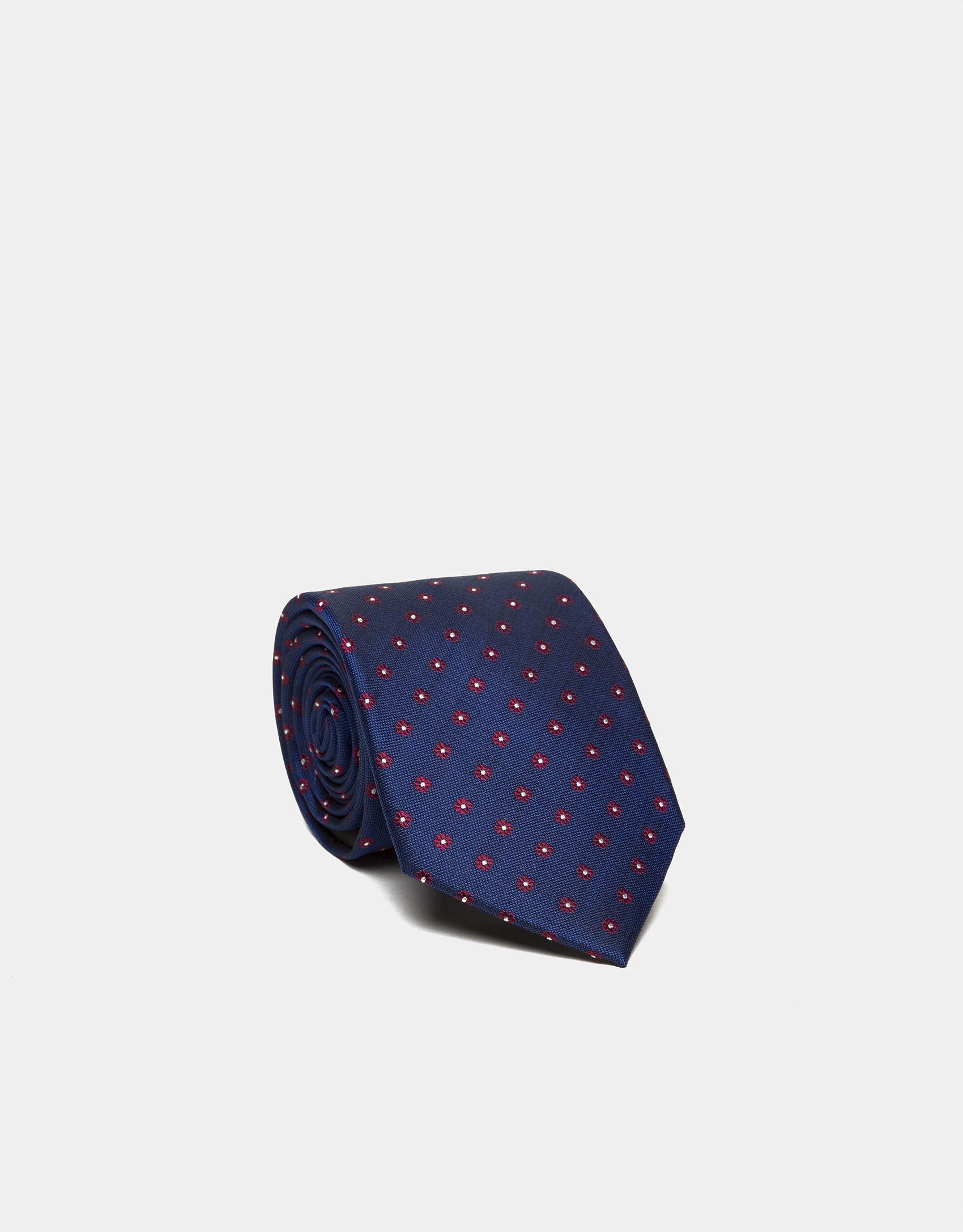 Corbata seda azulón jacquard margaritas rojas