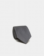 Black silk tie with silver jacquard squares