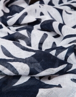 Navy blue cotton/linen scarf with white leaves