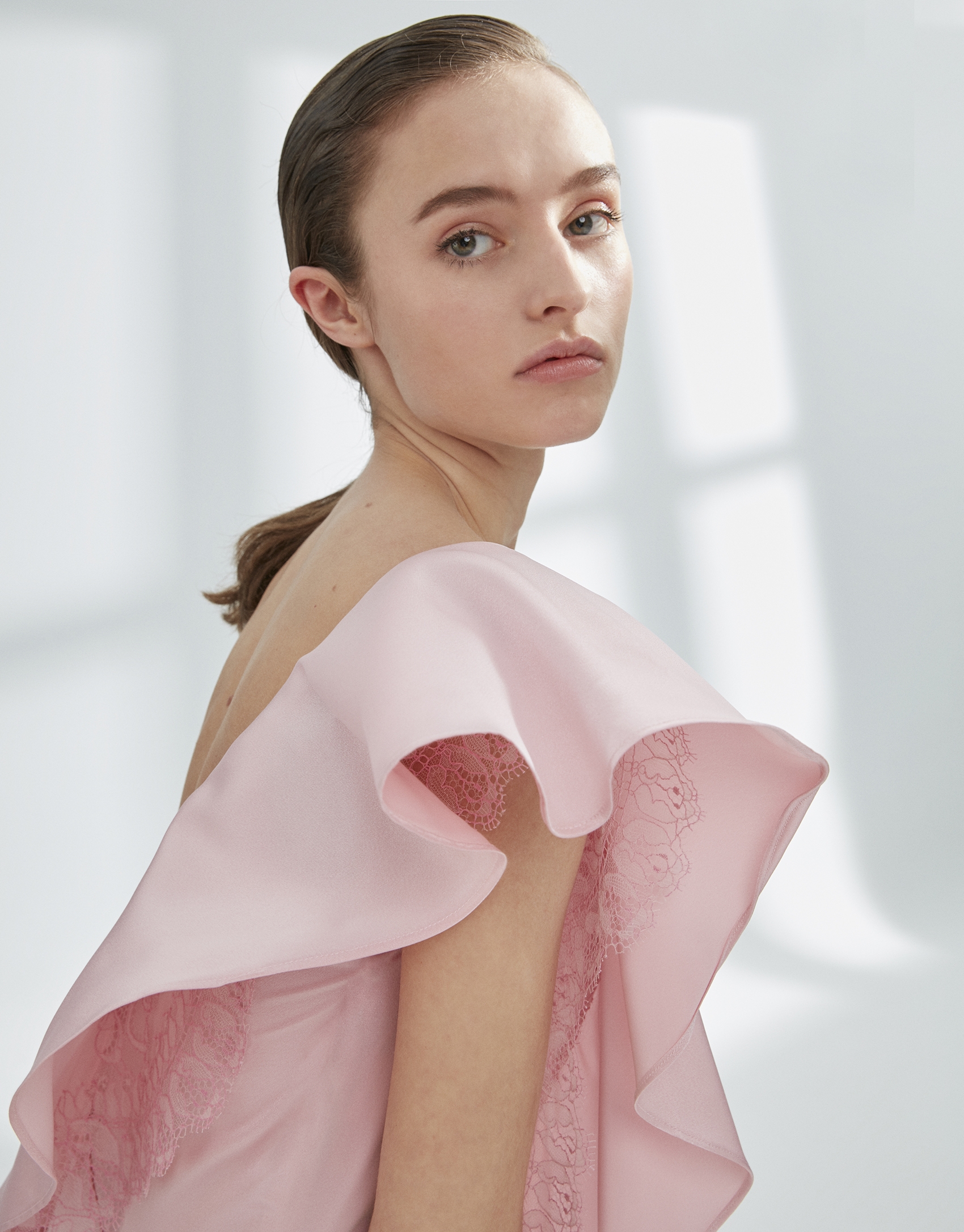 Pink satin dress with flounce