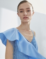 Blue satin dress with flounce