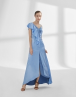 Blue satin dress with flounce