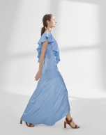 Blue satin dress with flounce