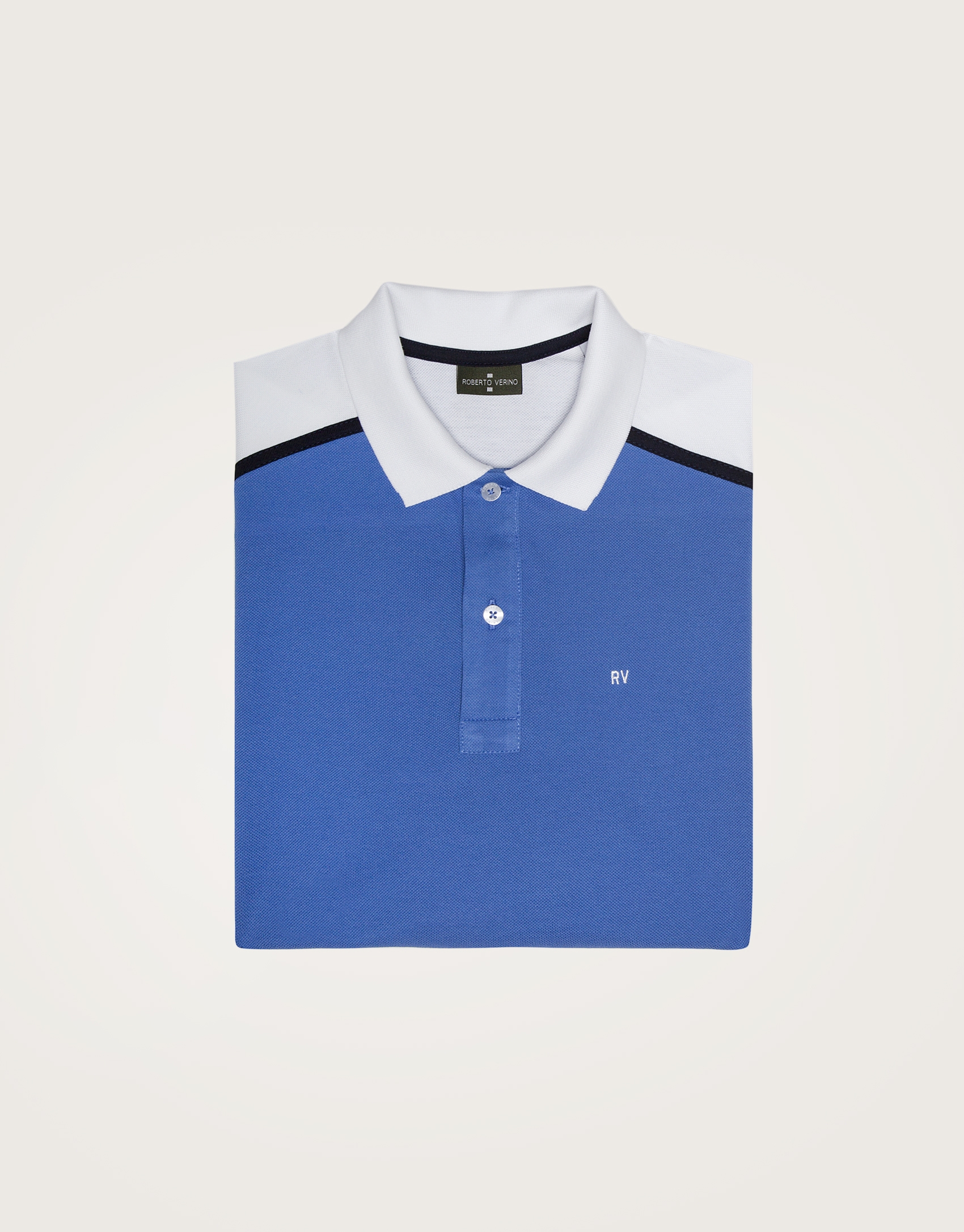 Blue and white "color block" polo