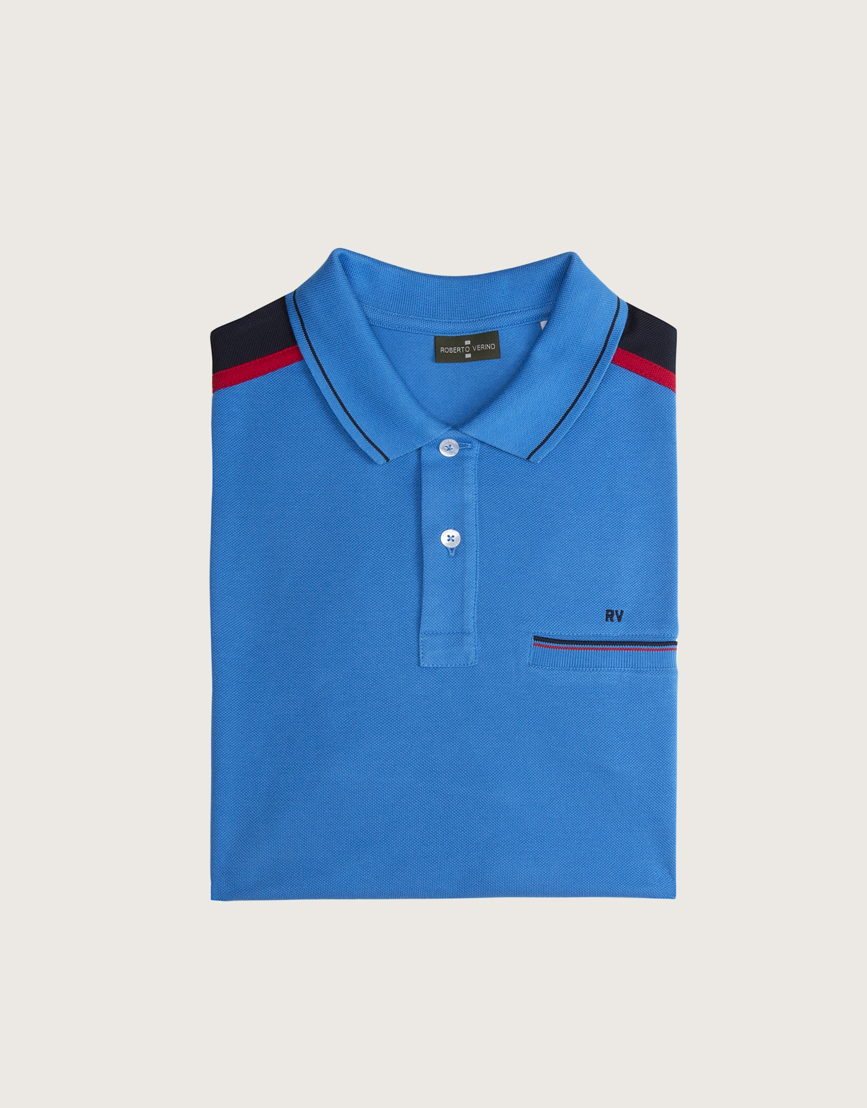 Blue polo with striped shoulders