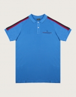 Blue polo with striped shoulders