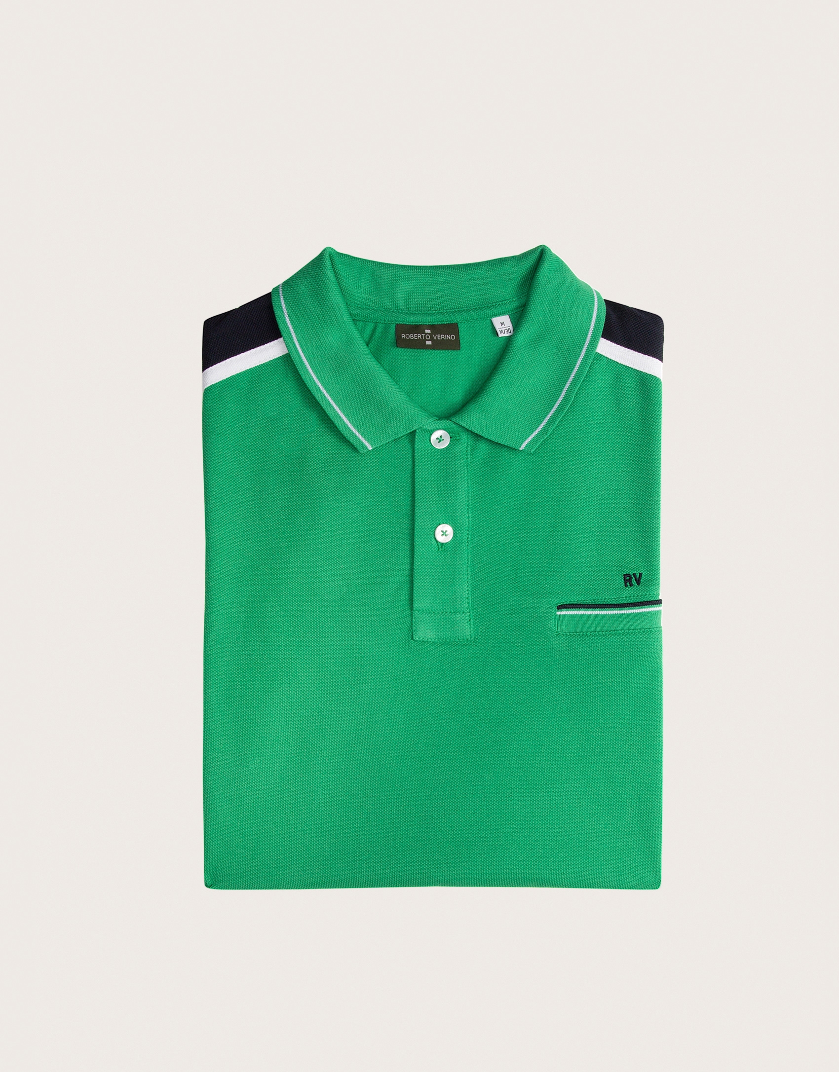 Green polo with striped shoulders