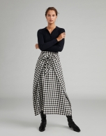 Black and white checked sarong-effect midi skirt