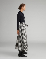 Black and white checked sarong-effect midi skirt