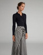 Black and white checked sarong-effect midi skirt