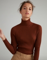 Mink-colored ribbed sweater with turtle neck