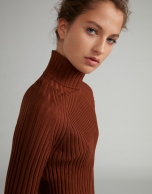 Mink-colored ribbed sweater with turtle neck