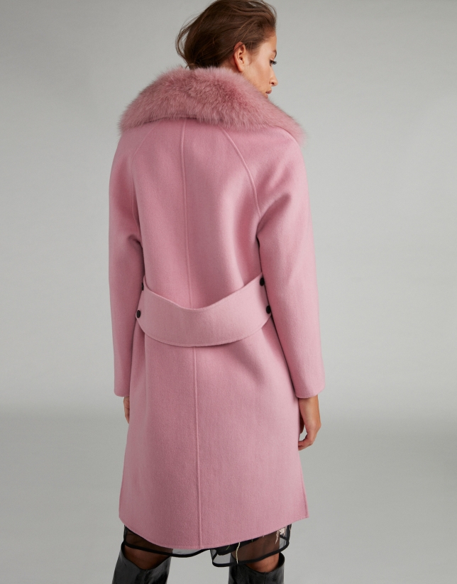 Abrigo de paño rosa cuello pelo - Mujer | Verino