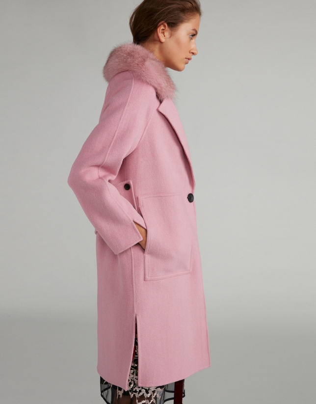 Abrigo de paño rosa cuello pelo - Mujer | Verino