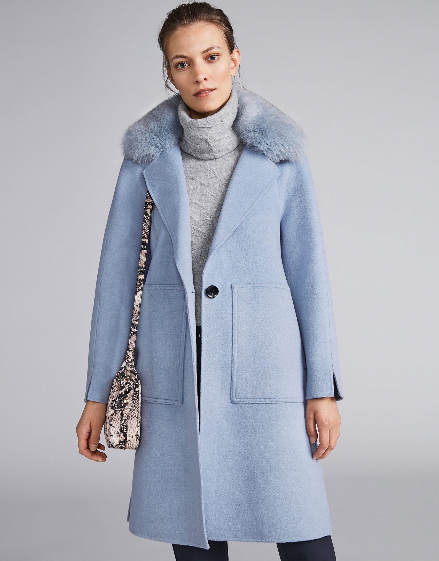 Light blue cloth coat with fur collar Woman Roberto Verino