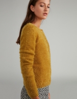 Gold fur-effect knit cardigan