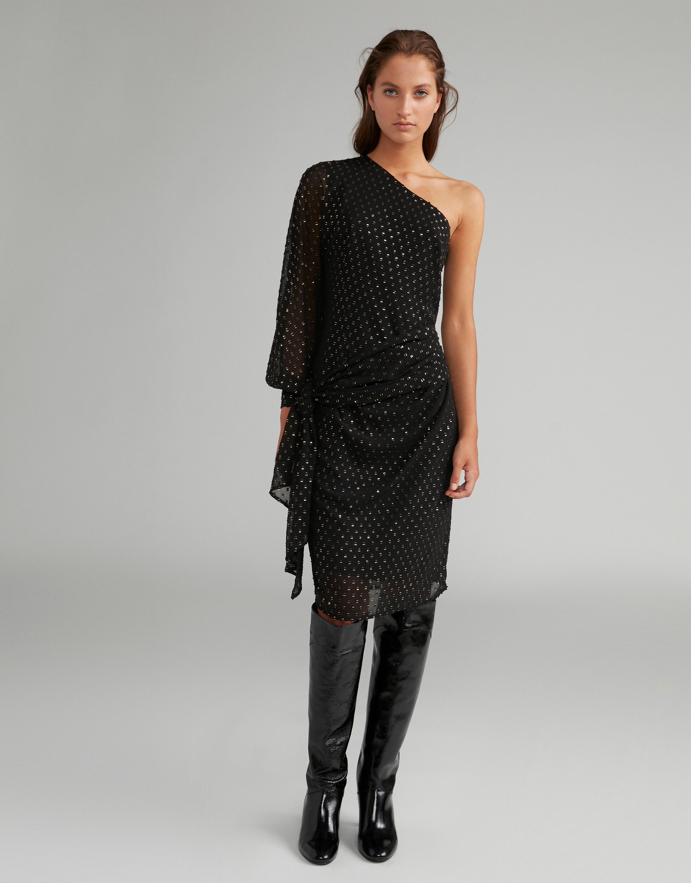 Black midi dress with asymmetric neckline