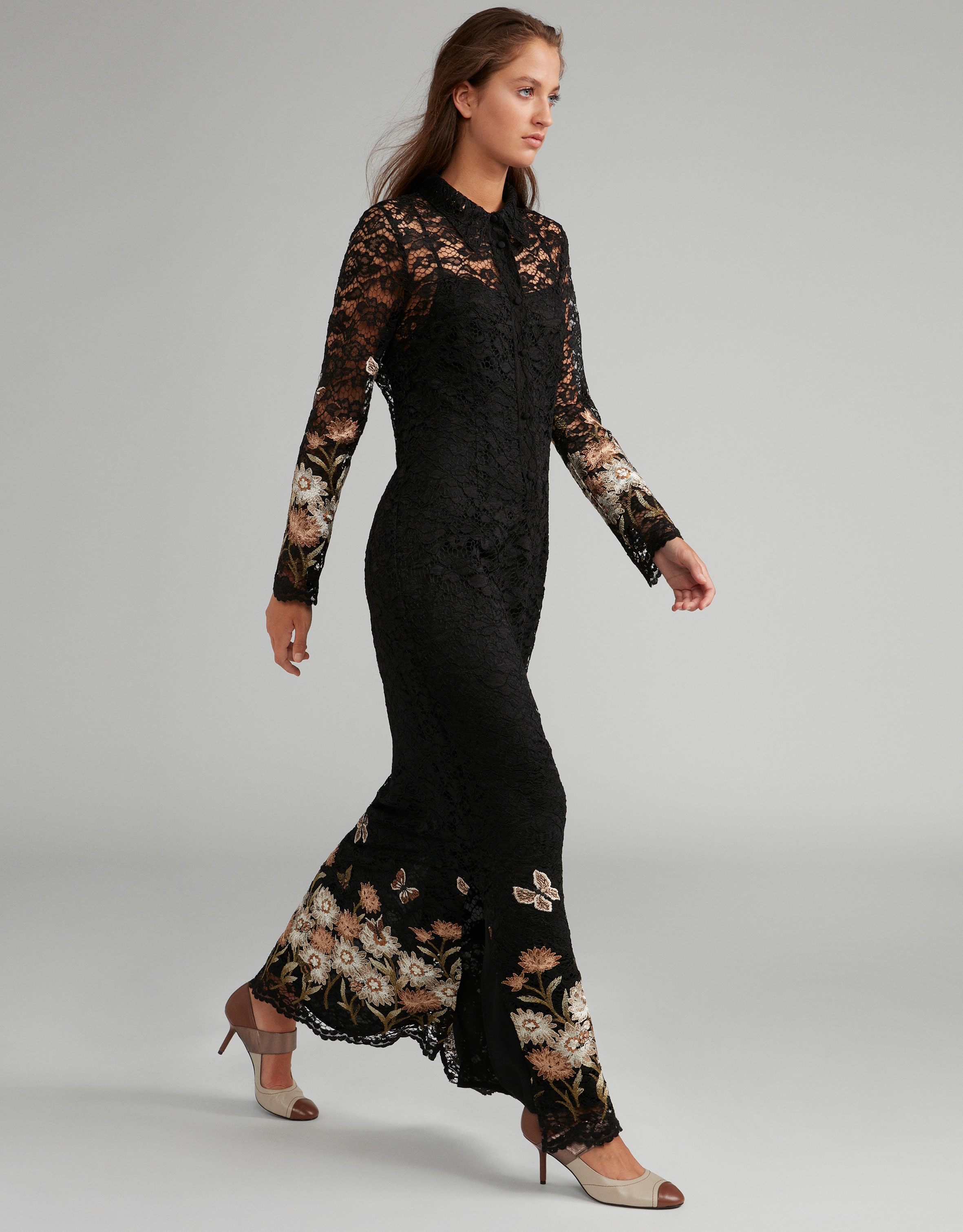 Black long chantilly lace dress