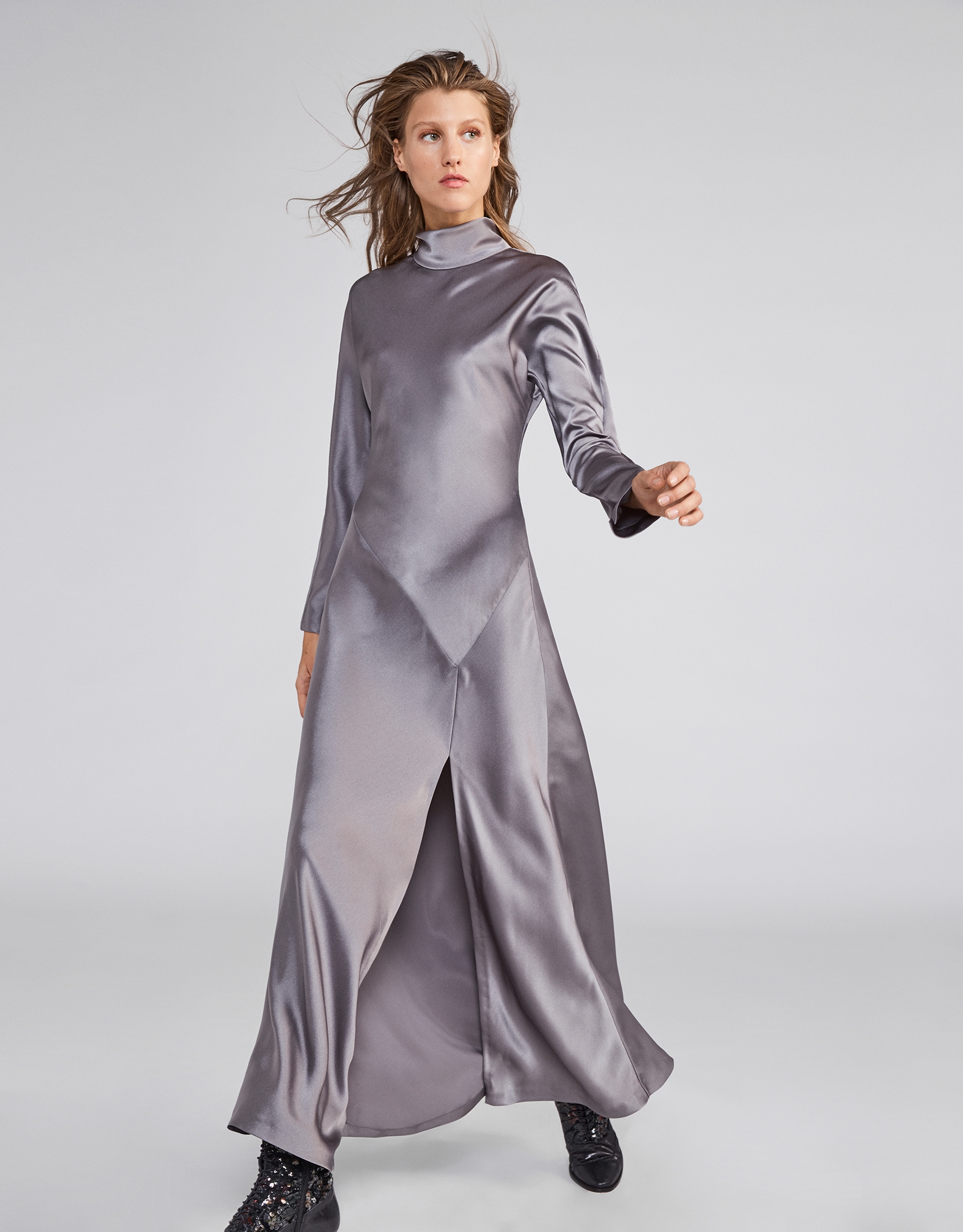 Gray satin dress with slit