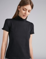 Black short-sleeved top with stovepipe collar