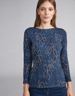 Navy blue knit top with floral print