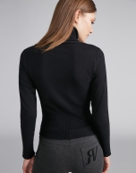 Black sweater with floral jacquard and mock turtleneck