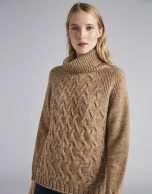 Mink-colored sweater with stovepipe collar and decoration