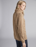 Mink-colored sweater with stovepipe collar and decoration