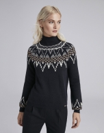 Navy blue sweater with fretted print