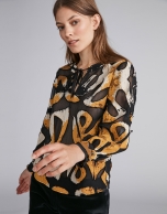 Ochre gold flowing lace shirt with print