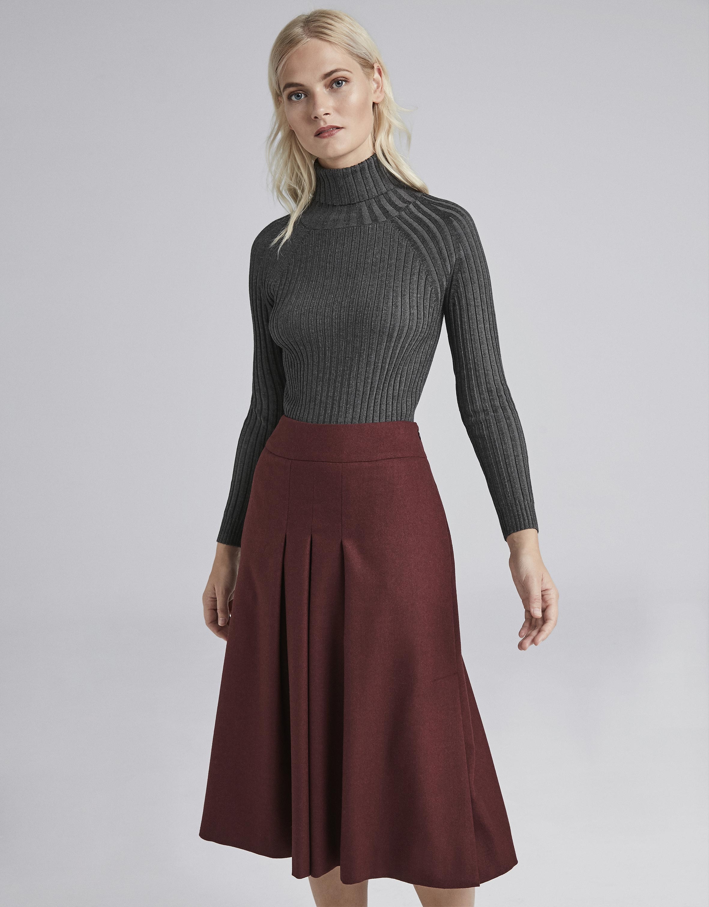 Burgundy midi skirt with folds