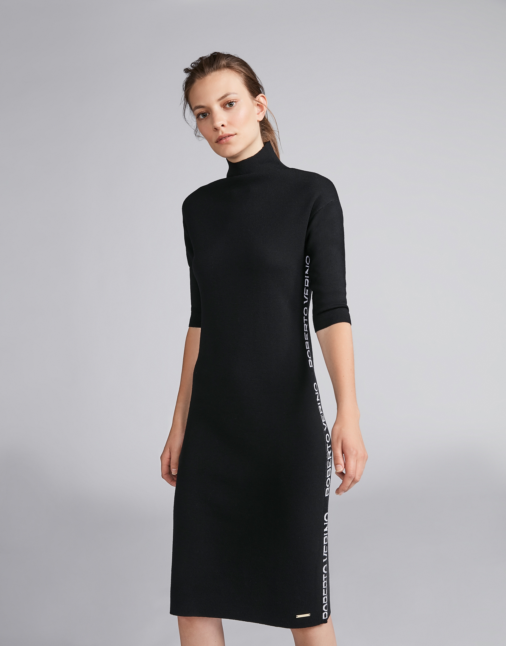 Plain black knit dress with RV jacquard