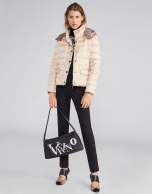 Beige quilted ski jacket with belt